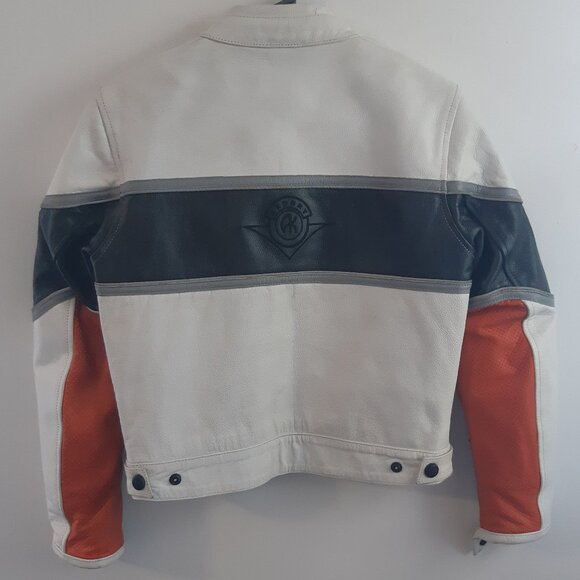 AKOURY Genuine Leather Jacket Look Moto Racing XS Unisex White, Orange and Black - Picture 13 of 16